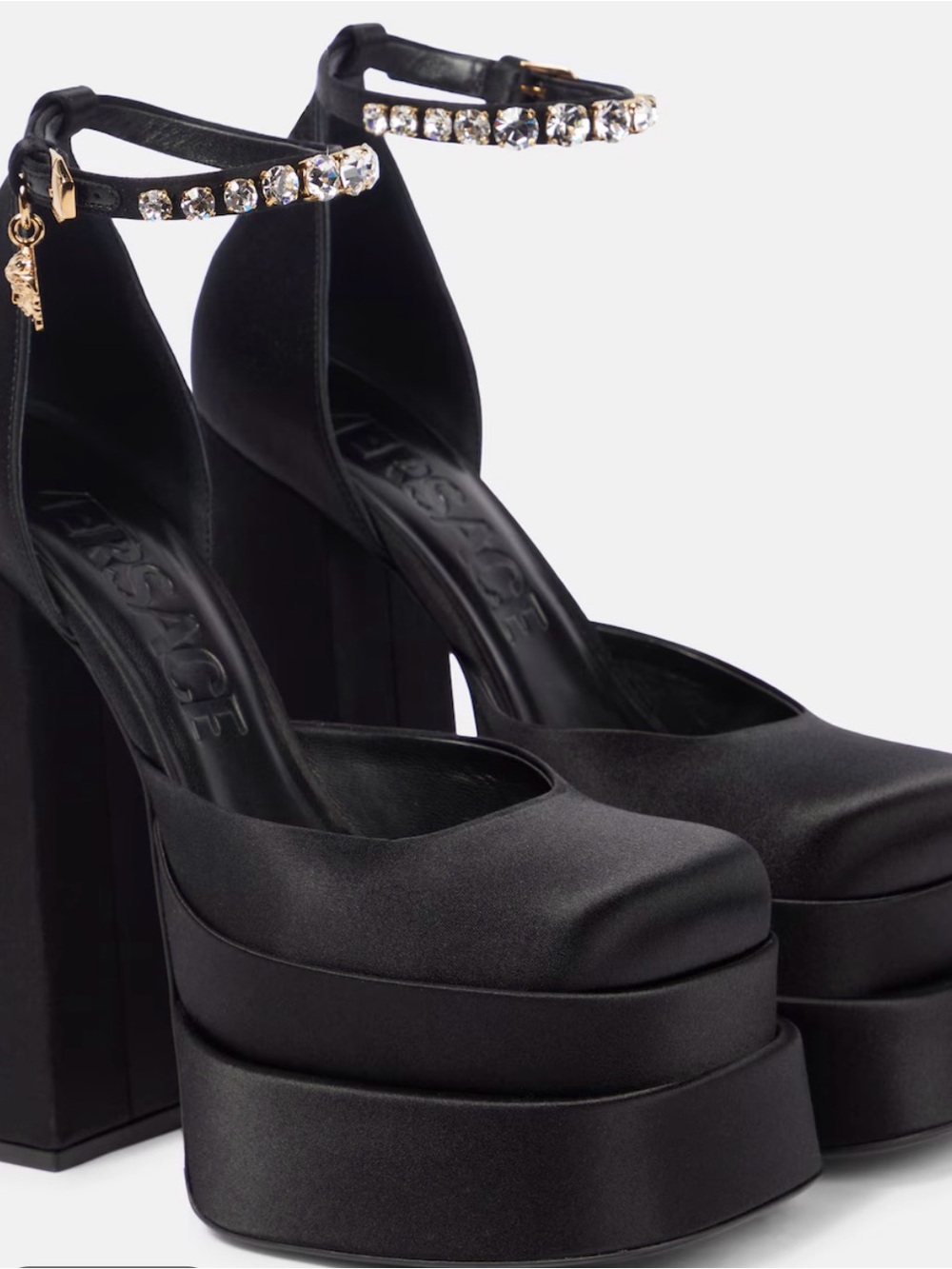 Versace Aevitas Double Pump Black Platform Ankle-Strap Heels with Crystal Accent